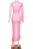 Pink Sexy Solid Hollowed Out See-through O Neck Pencil Skirt Dresses
