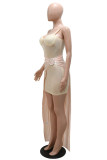 Apricot Sexy Patchwork Hot Drilling Backless Asymmetrical Spaghetti Strap Wrapped Skirt Dresses