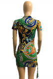 Green Fashion Casual Print Patchwork Zipper Collar Short Sleeve Dress