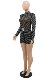 Black Fashion Sexy Patchwork See-through Turtleneck Skinny Romper