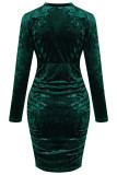 Ink Green Fashion Sexy Solid Patchwork Fold V Neck Long Sleeve Dresses