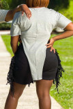 Grey Fashion Casual Print Patchwork Asymmetrical O Neck T-Shirts