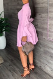 Pink Casual Solid Patchwork Buckle Fold Turndown Collar Shirt Dress Dresses(Contain The Belt)