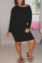 Black Fashion Casual adult Ma'am Cap Sleeve Long Sleeves O neck Straight Knee-Length Striped Dresses