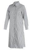 White Fashion Casual Striped Print Patchwork Turndown Collar Tops