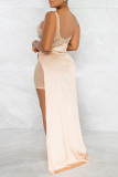 Apricot Sexy Patchwork Hot Drilling Backless Asymmetrical Spaghetti Strap Wrapped Skirt Dresses