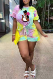 Colour Casual Print Patchwork O Neck Half Sleeve Two Pieces