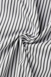 White Fashion Casual Striped Print Patchwork Turndown Collar Tops