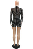 Black Fashion Sexy Patchwork See-through Turtleneck Skinny Romper