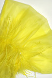 Yellow Sexy Solid Patchwork See-through Feathers Turtleneck Tops
