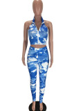 Blue Fashion Sexy adult Ma'am Print Tie Dye Zippered Two Piece Suits pencil Sleeveless Two Pieces