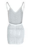 White Fashion Sexy Patchwork See-through Backless Beading V Neck Sling Dress Dresses