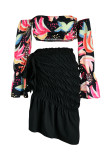 Black Fashion Sexy Print Backless Slit Off the Shoulder Long Sleeve Two Pieces