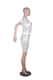 Silver Gray Casual Patchwork Sequins O Neck Short Sleeve Two Pieces