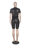 Silver Gray Casual Patchwork Sequins O Neck Short Sleeve Two Pieces