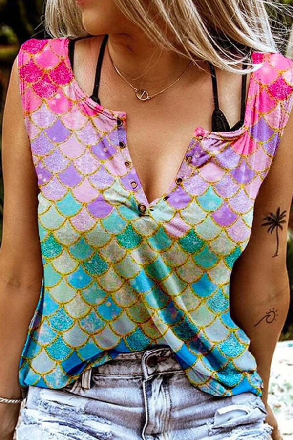 Colour Fashion Casual Print Patchwork V Neck Tops