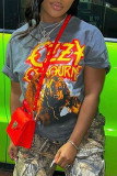 Dark Gray Fashion Casual Print Patchwork O Neck T-Shirts