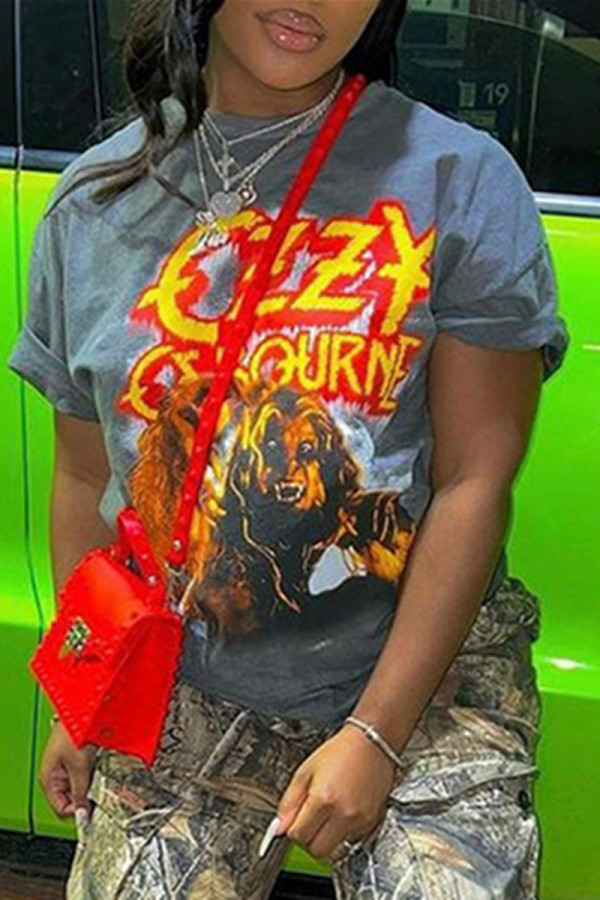 Dark Gray Fashion Casual Print Patchwork O Neck T-Shirts