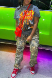 Dark Gray Fashion Casual Print Patchwork O Neck T-Shirts
