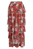 Red Fashion Sweet Print Patchwork Flounce Asymmetrical Straight Full Print Bottoms