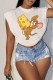 White Fashion Casual Character Print Patchwork O Neck T-Shirts