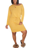 Yellow Fashion Casual adult Ma'am Cap Sleeve Long Sleeves O neck Straight Knee-Length Striped Dresses