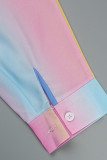 Rainbow Color Fashion Casual Print Bandage Turndown Collar Long Sleeve Two Pieces