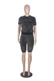 Silver Gray Casual Patchwork Sequins O Neck Short Sleeve Two Pieces