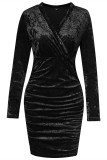 Ink Green Fashion Sexy Solid Patchwork Fold V Neck Long Sleeve Dresses