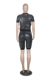 Silver Gray Casual Patchwork Sequins O Neck Short Sleeve Two Pieces