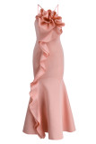Pink Fashion Sexy Solid Patchwork Backless Spaghetti Strap Evening Dress