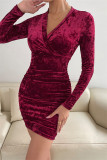 Ink Green Fashion Sexy Solid Patchwork Fold V Neck Long Sleeve Dresses