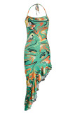 Green Fashion Sexy Print Bandage Backless Spaghetti Strap Irregular Dress