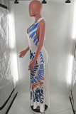 White Fashion Sexy Print Bandage Backless Halter Sleeveless Dress