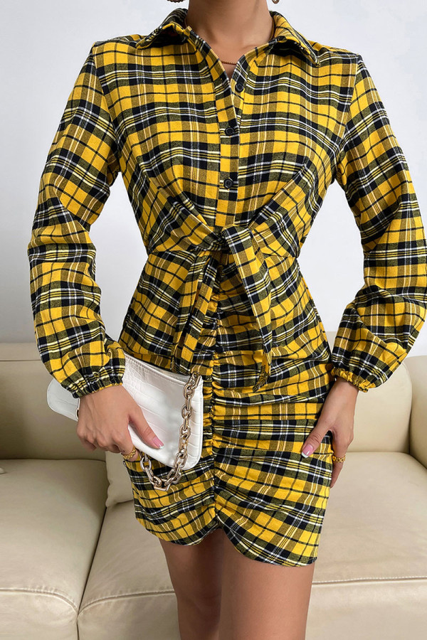 Yellow Casual Print Bandage Patchwork Buttons Turndown Collar One Step Skirt Dresses