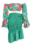 Green Fashion Sexy Print Backless Slit Off the Shoulder Long Sleeve Two Pieces