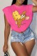 Rose Red Fashion Casual Character Print Patchwork O Neck T-Shirts