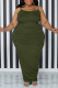 Army Green Sexy Solid Patchwork Spaghetti Strap One Step Skirt Plus Size Dresses