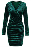 Ink Green Fashion Sexy Solid Patchwork Fold V Neck Long Sleeve Dresses