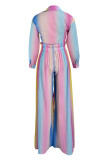 Rainbow Color Fashion Casual Print Bandage Turndown Collar Long Sleeve Two Pieces