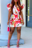 Red Fashion Casual Not Positioning Printed Patchwork V Neck Short Sleeve Dress