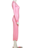 Pink Sexy Solid Hollowed Out See-through O Neck Pencil Skirt Dresses