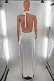 White Fashion Sexy Print Bandage Backless Halter Sleeveless Dress