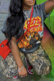 Dark Gray Fashion Casual Print Patchwork O Neck T-Shirts