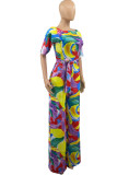 Colour Casual Print Bandage Patchwork O Neck Straight Jumpsuits