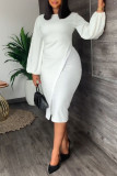 Pink Casual Solid Patchwork O Neck One Step Skirt Dresses