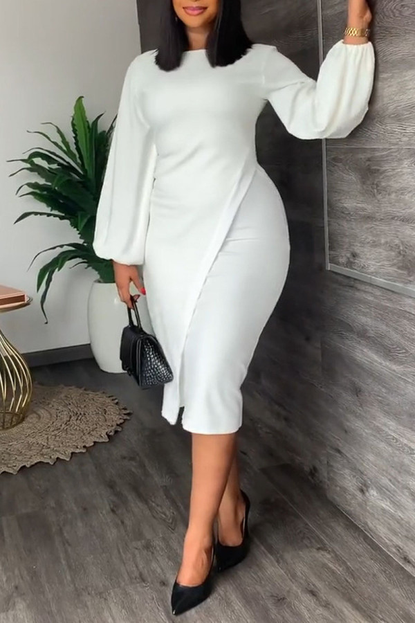 White Casual Solid Patchwork O Neck One Step Skirt Dresses