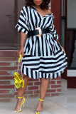 Black Fashion Casual Striped Print Patchwork Turndown Collar Shirt Dress (Without Belt)