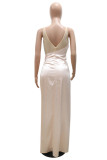 Apricot Sexy Patchwork Hot Drilling Backless Asymmetrical Spaghetti Strap Wrapped Skirt Dresses