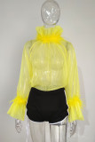Yellow Sexy Solid Patchwork See-through Feathers Turtleneck Tops